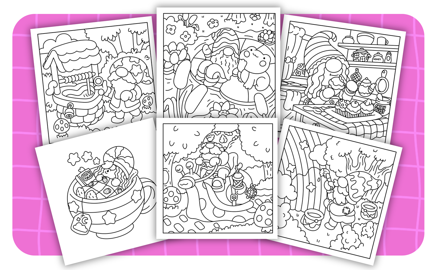 Cozy Gnomes – Set 1 of 6 | Digital Coloring Pages